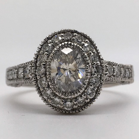 1.89 Carat Oval-Cut Vintage Halo Diamond Engagement Ring in 18k White Gold